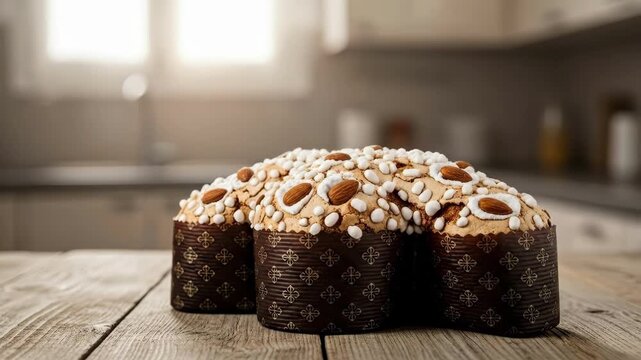 Three traditional Easter colomba cakes on rustic wooden table in kitchen. Italian dove-shaped pastry topped with almonds and icing for spring holiday celebration. Festive baking concept and dessert