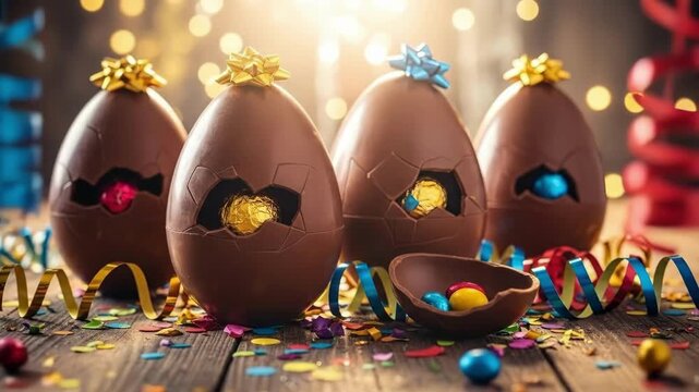 Cracked chocolate easter eggs revealing colorful candies inside. Festive spring holiday treats with ribbons and confetti on wooden table. Easter celebration sweets and confectionery concept