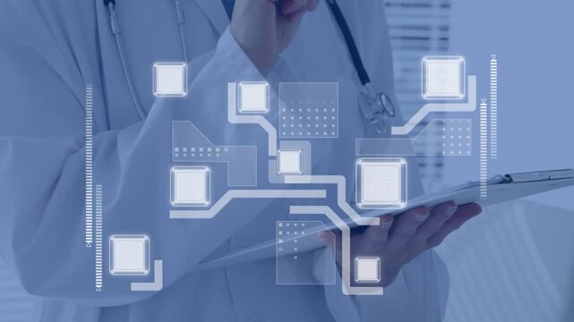 Animation of digital screen and lines over midsection of male doctor writing on clipboard