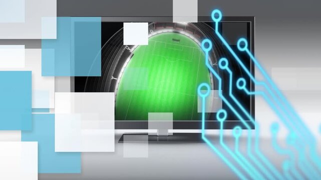 Animation of square shapes with hud elements against computer monitor with soccer stadium