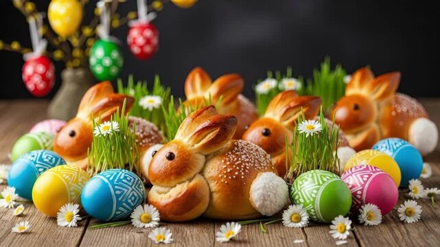 Bunny shaped easter breads surrounded by colorful eggs and fresh grass on wooden table. Traditional pastry for spring holiday celebration. Easter decoration with daisies and hanging egg branch