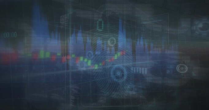 Animation of multiple graphs over fingerprint and padlock in shields over abstract background