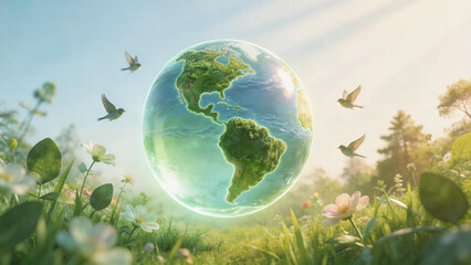 Naklejka premium Crystal green Earth with vegetation, flowers and birds. Soft dawn tones with volumetric light. Unreal Engine 5 render, 8K. Ideal for World Earth Day, ecology, conservation. Atmosphere of hope.