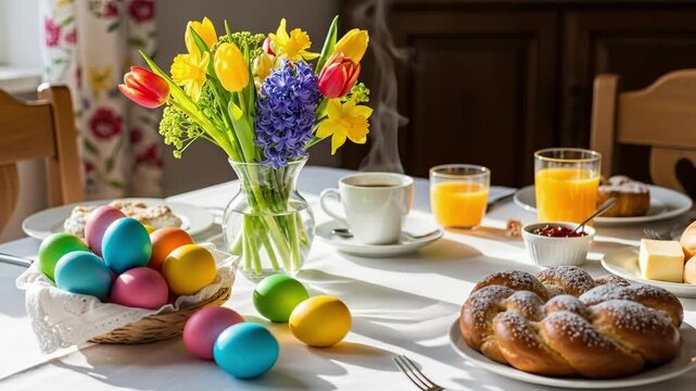 Colorful Easter eggs in basket on wooden breakfast table with spring tulips and hyacinths. Steaming tea cups, orange juice, croissants, jam and braided bread. Traditional Easter brunch concept for