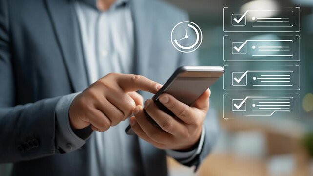 A professional businessman managing tasks on a smartphone with a digital checklist and workflow dashboard overlay. The screen displays completed tasks with checkmarks, pending items, and progress 