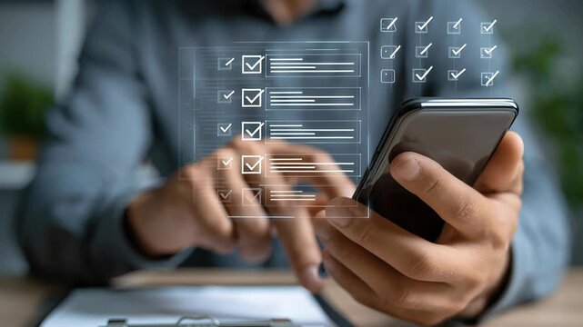 A professional businessman managing tasks on a smartphone with a digital checklist and workflow dashboard overlay. The screen displays completed tasks with checkmarks, pending items, and progress 