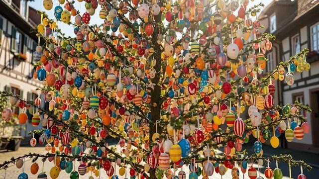 Colorful easter egg tree in quaint european village street. Traditional spring decoration for easter celebration. Festive outdoor holiday display with painted hanging eggs in half-timbered town