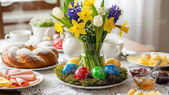 Easter holiday table arrangement with colorful painted eggs in moss nest. Spring flowers like tulips and daffodils in vase. Braided bread, sliced ham, cheese, jams and honey for festive breakfast