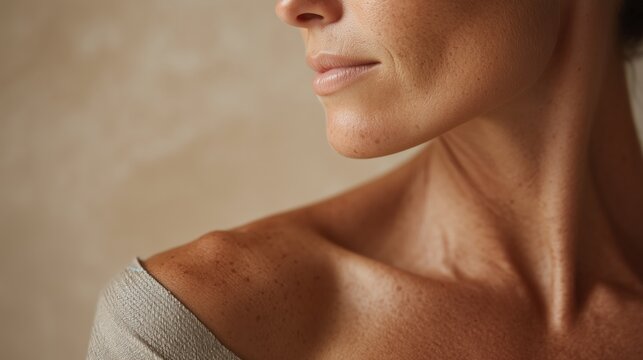 Close up of freckles and skin spots on woman shoulder and neck.