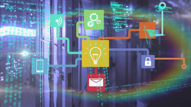 Animation of network of digital icons and data processing against computer server room
