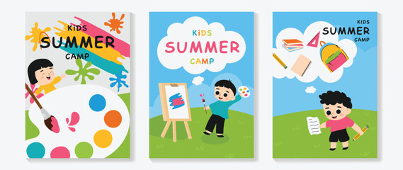 Obraz premium Kids summer camp vector poster set with child explorer, backpack, butterfly net, magnifier, map, and outdoor adventure activity illustration for children camp flyer, workshop promotion, and education 