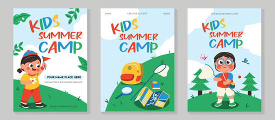 Fototapeta premium Kids summer camp vector poster set with game, creative activity, and music theme. Outdoor adventure flyer collection with child explorer, backpack, magnifier, butterfly net and map.