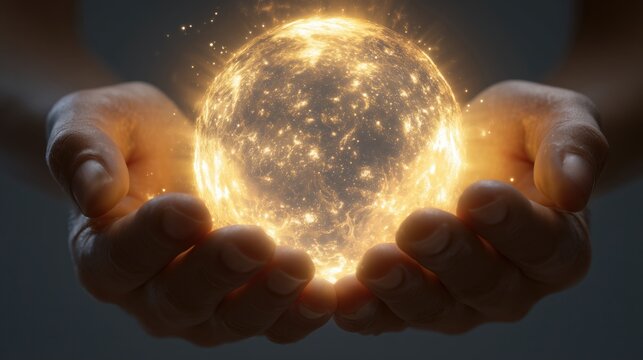 Two hands holding a glowing orb of light.