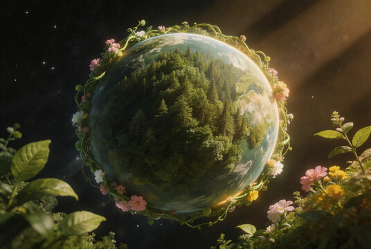 Vibrant green Earth planet in space with forest and flowers. Retro film texture, warm amber and olive tones, nostalgic filter, Tyndall light, volumetric lighting, render. For environmental use.