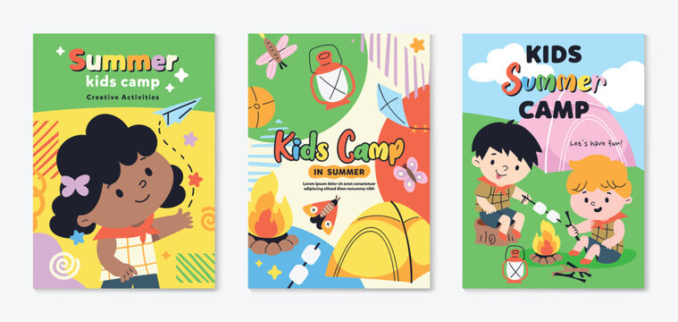 Kids summer camp vector poster set with children playing, kite flying, creative activities, and kids fest theme. Colorful outdoor holiday flyer collection for fun camp event and children workshop.
