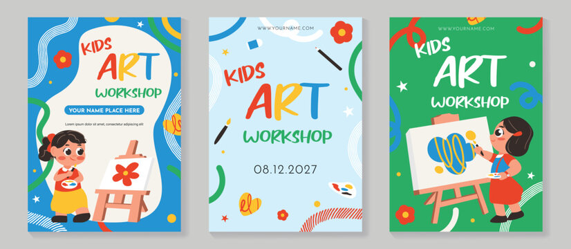 Kids art and craft workshop vector poster set with flower painting activity, creative classroom project, and children art lesson design. Cute colorful education flyer collection.