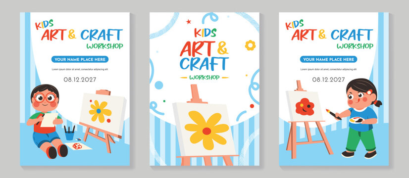 Kids art and craft workshop vector poster set with flower painting activity, creative classroom project, and children art lesson design. Cute colorful education flyer collection.