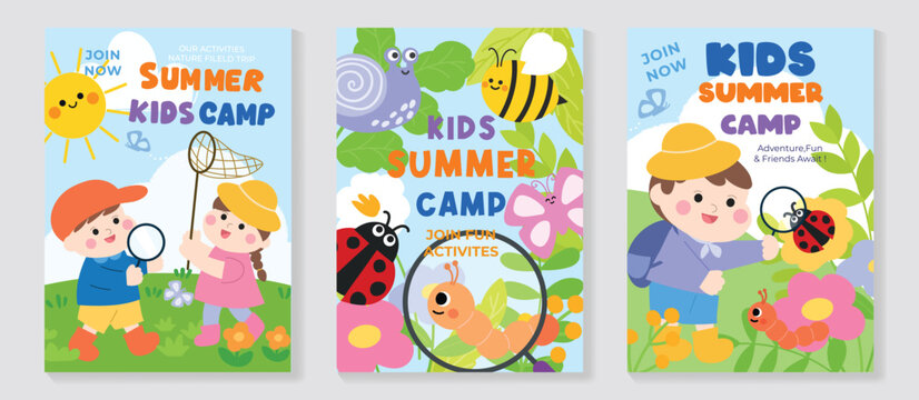 Kids summer camp vector poster set with nature field trip, insect exploration, and fun outdoor activities. Colorful creative workshop collection for children with adventure and friends theme.