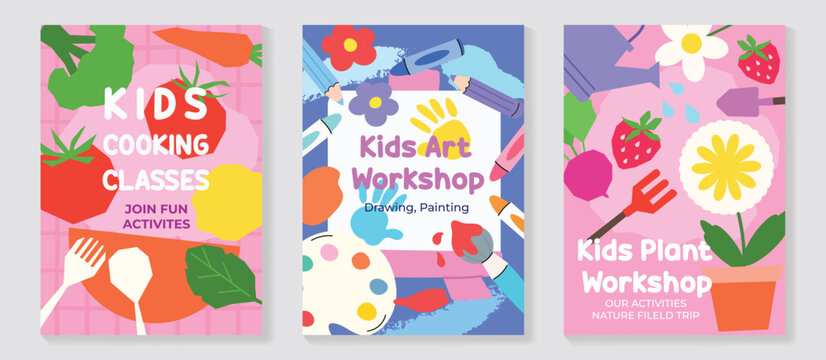 Kids activity workshop poster set vector with cooking classes, art workshop, and plant workshop themes. Colorful creative education collection for children with fun learning activities.
