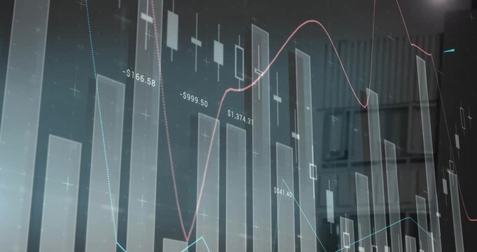 Animation of statistical data processing against view of a tall building