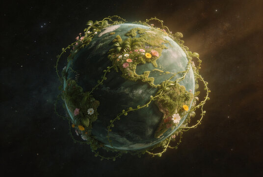 Vibrant green Earth planet in space with forest and flowers. Retro film texture, warm amber and olive tones, nostalgic filter, Tyndall light, volumetric lighting, render. For environmental use.