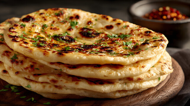 Amritsari kulcha, a stack of soft, golden-brown stuffed flatbreads, brushed with butter, sprinkled with herbs, and showcasing a flaky, inviting texture, ready to be served hot