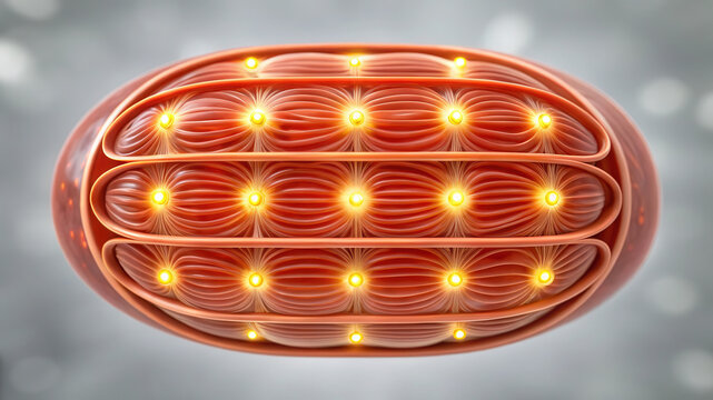 Mitochondrion structure with cristae and glowing points illustrating energy production and lipid metabolism in cellular biology and health science