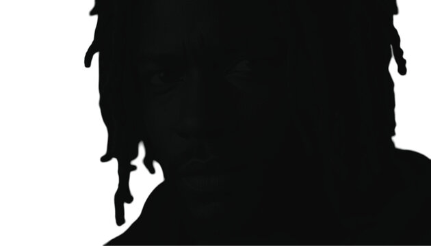 Close up silhouette of a young man with dreadlocks looking directly forward against a white background.