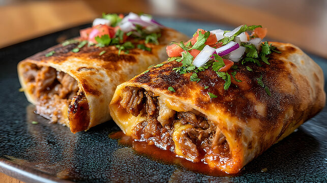 Two gringas, golden-brown flour tortillas stuffed with melted cheese and al pastor-style marinated pork, topped with diced tomatoes, onions, and cilantro, served sizzling hot

