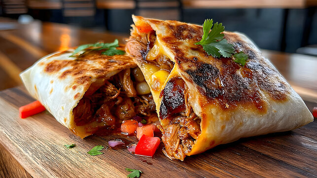 Two gringas, golden-brown flour tortillas stuffed with melted cheese and al pastor-style marinated pork, topped with diced tomatoes, onions, and cilantro, served sizzling hot
