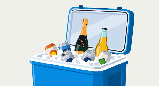 A cooler filled with ice and bottles of drinks on a summer day outdoors