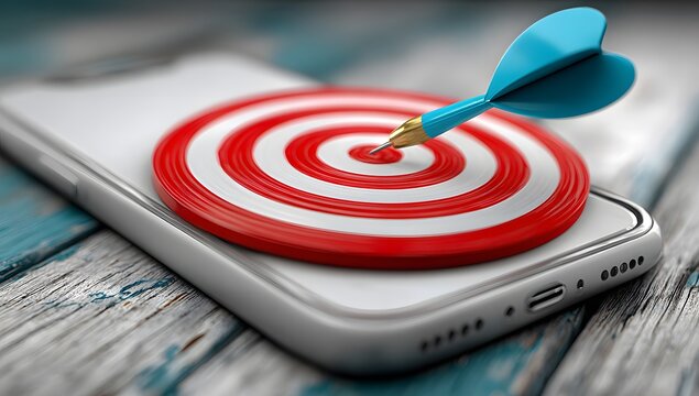 A vibrant blue dart perfectly hits the red and white bullseye target on a sleek modern smartphone screen resting on textured rustic wooden planks