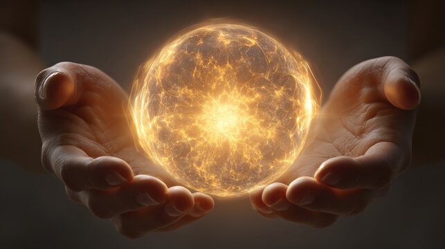 Detailed view of two hands holding a powerful energy sphere.