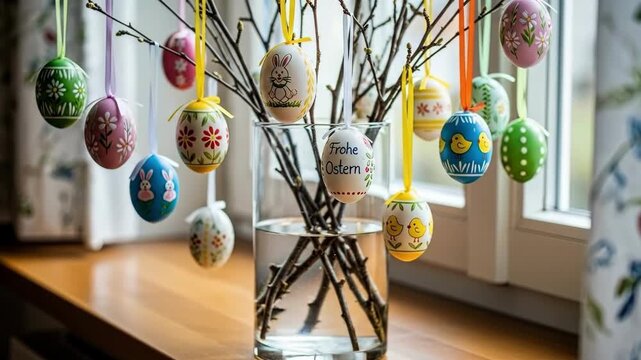 Colorful painted Easter eggs hanging from spring branches in glass vase on windowsill. Holiday decoration with German Frohe Ostern text meaning happy Easter. Springtime celebration concept
