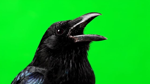 A thirsty crow opening its beak wide, isolated on a green screen expression, bird, background removal