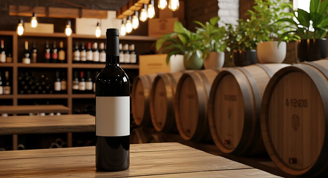 A bottle of wine on a wooden table in a wine cellar