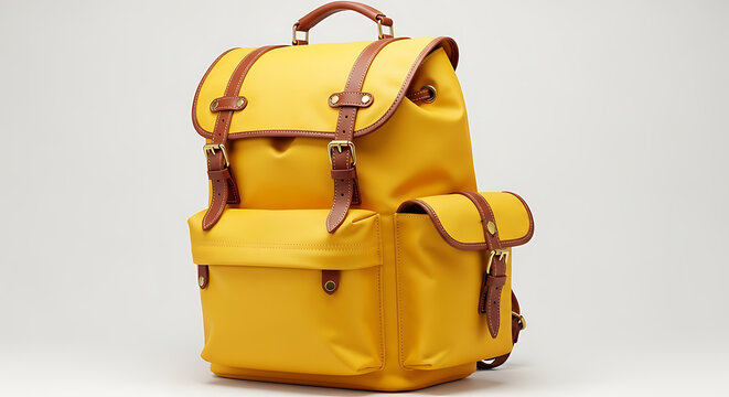A yellow backpack with brown leather straps