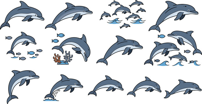 Dolphin Vector Set Showing Jumping Swimming and Playing Marine Mammals with Ocean Waves Fish and Coral Elements in Flat Cartoon Style for Nature Wildlife and Aquarium Designs
