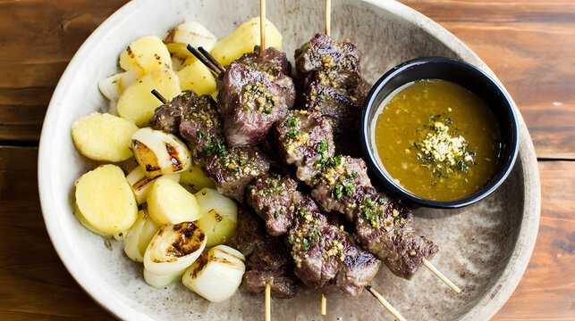 Anticucho de coraz&oacute;n, skewered and grilled beef heart pieces, served with golden roasted potatoes and a side of vibrant green sauce, presenting a rustic and appetizing Peruvian dish