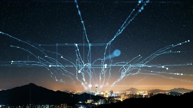 Majestic silhouetted mountain range under dark, star-filled night sky. Distant, softly lit modern city glows as ethereal data lines expand across the sky in slow time-lapse. Wide, panoramic video