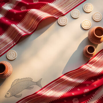 Traditional bengali new year pohela boishakh concept flat lay with fish pot pitha and red white sari on white background