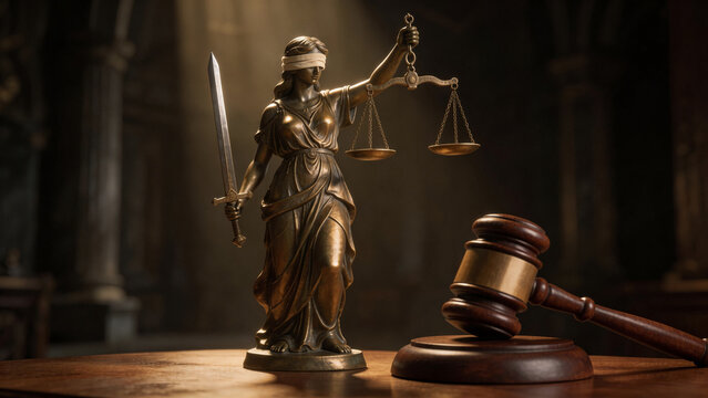 Bronze Lady Justice statue with scales and sword on wood table with gavel, cinematic volumetric lighting, legal atmosphere, 8K Unreal Engine 5 render, judicial fairness concept background