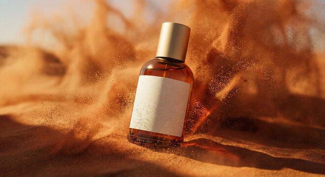 Luxury amber perfume bottle mockup on desert sand with exploding dust effect