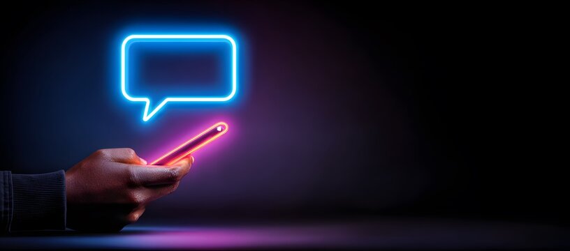 A persons hand holds a glowing smartphone with a vibrant blue neon message icon above it in a dark digital space