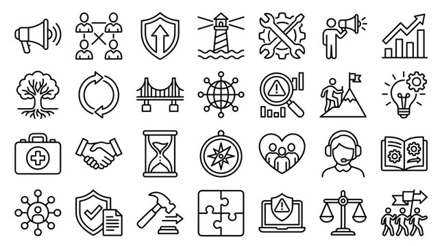 Collection of business and finance icons representing concepts like teamwork strategy growth and success