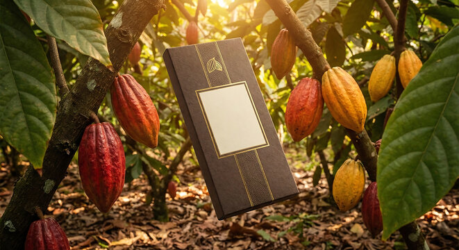 Levitating dark brown chocolate packaging box mockup with blank label, floating among fresh colorful cacao pods on a tree in a sunny tropical cocoa farm.