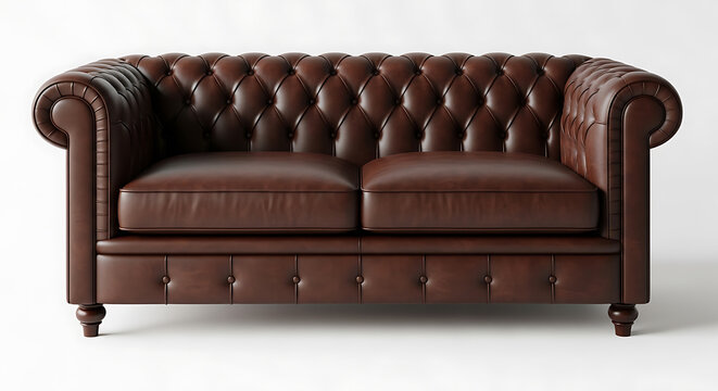 A brown leather chesterfield sofa with tufted back and arms