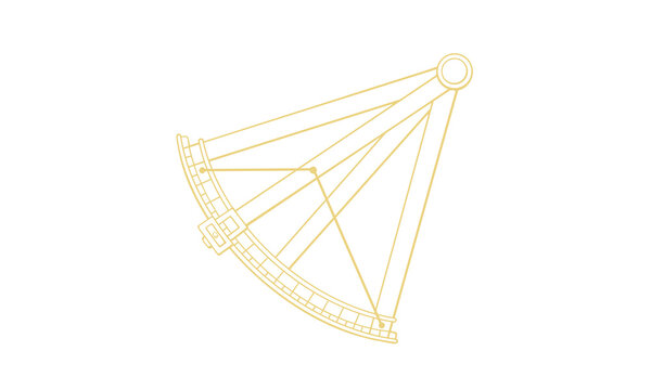 ろくぶんぎ座の線画イラスト（ゴールド色で六分儀の絵と星座線、線のみで塗りなし）