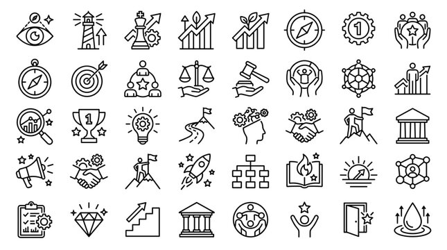 Collection of business and strategy icons representing growth success leadership innovation and achievement in a modern flat design style