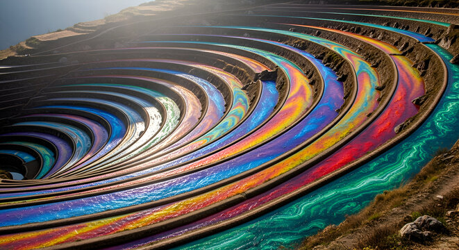 Aerial view of a vibrant colorful spiral staircase or amphitheater with flowing water channels in a natural landscape showcasing a spectrum of blues greens oranges and reds